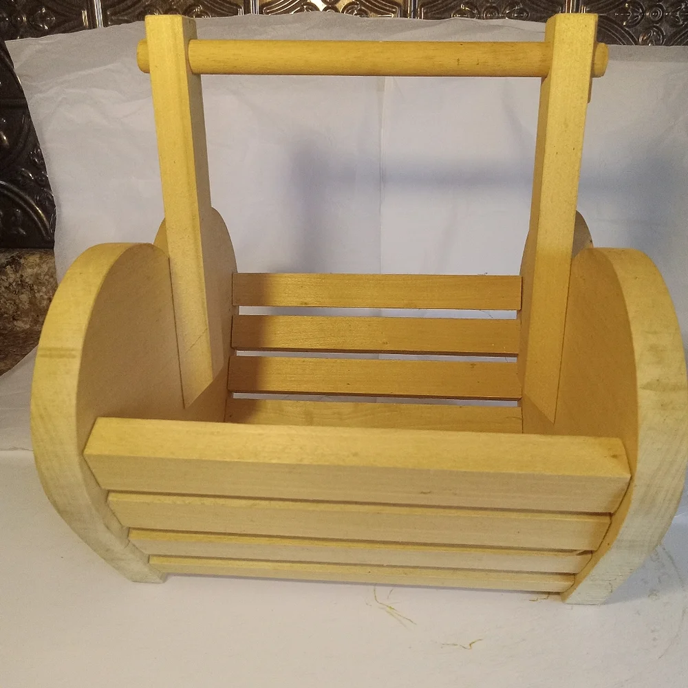 Slatted Decorative Wooden Basket with one handle - Handmade. Large. Cottagecore